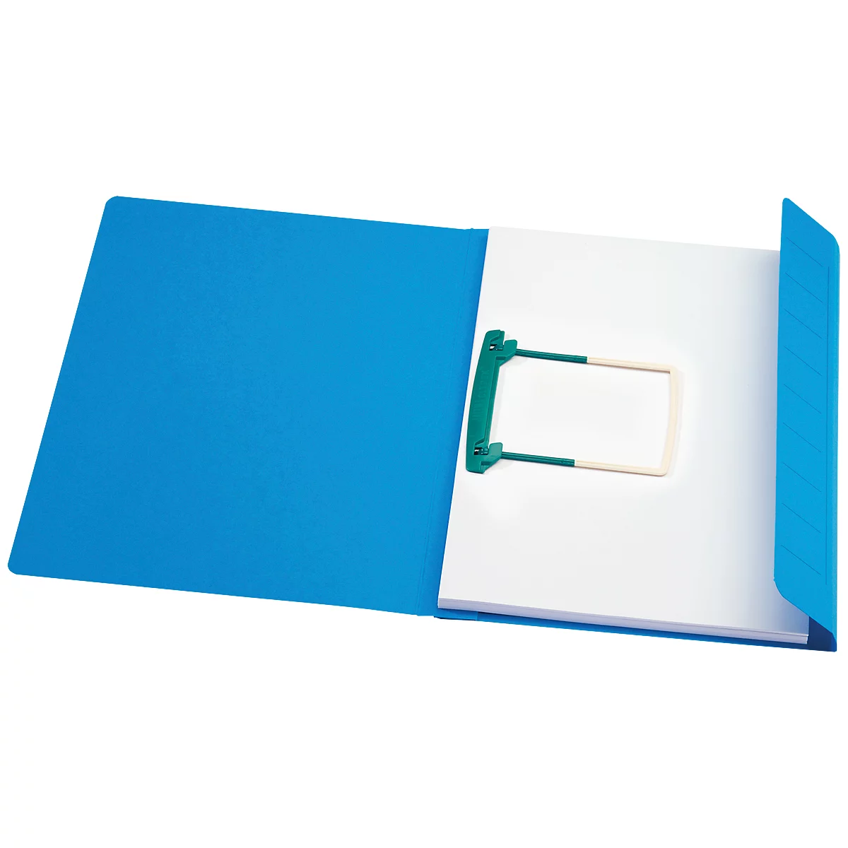 Classeur bleu, ouvert, avec du papier blanc et une fermeture verte. Le côté gauche du classeur est ouvert.