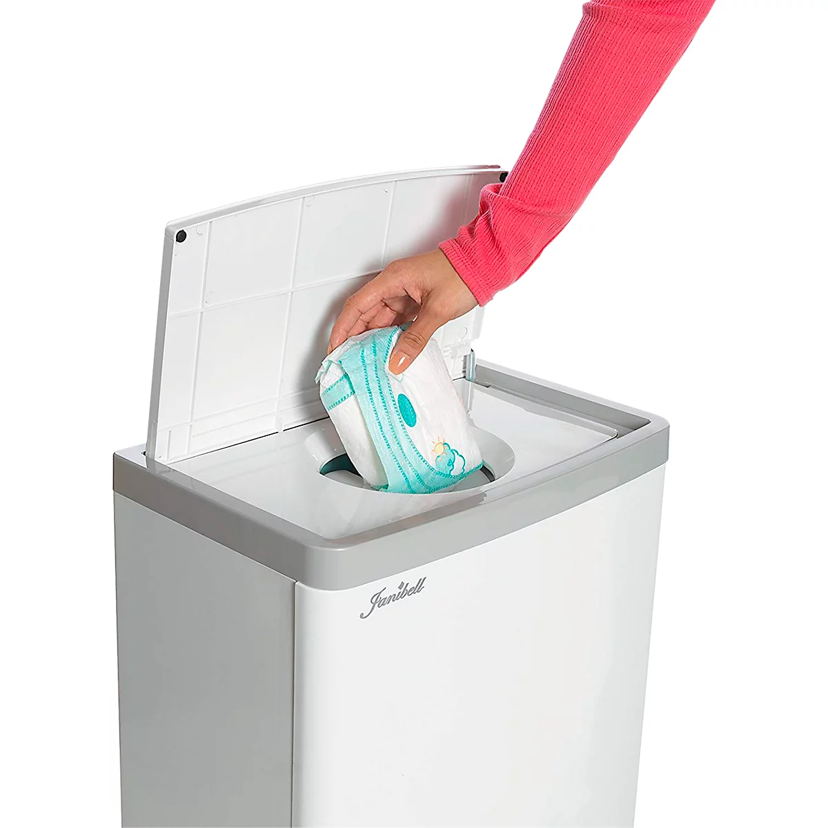 Janibell luieremmer, inhoud 43 l, met voetpedaal &amp; dubbel deksel, L 140 x B 292 x H 422 mm, ABS kunststof, wit