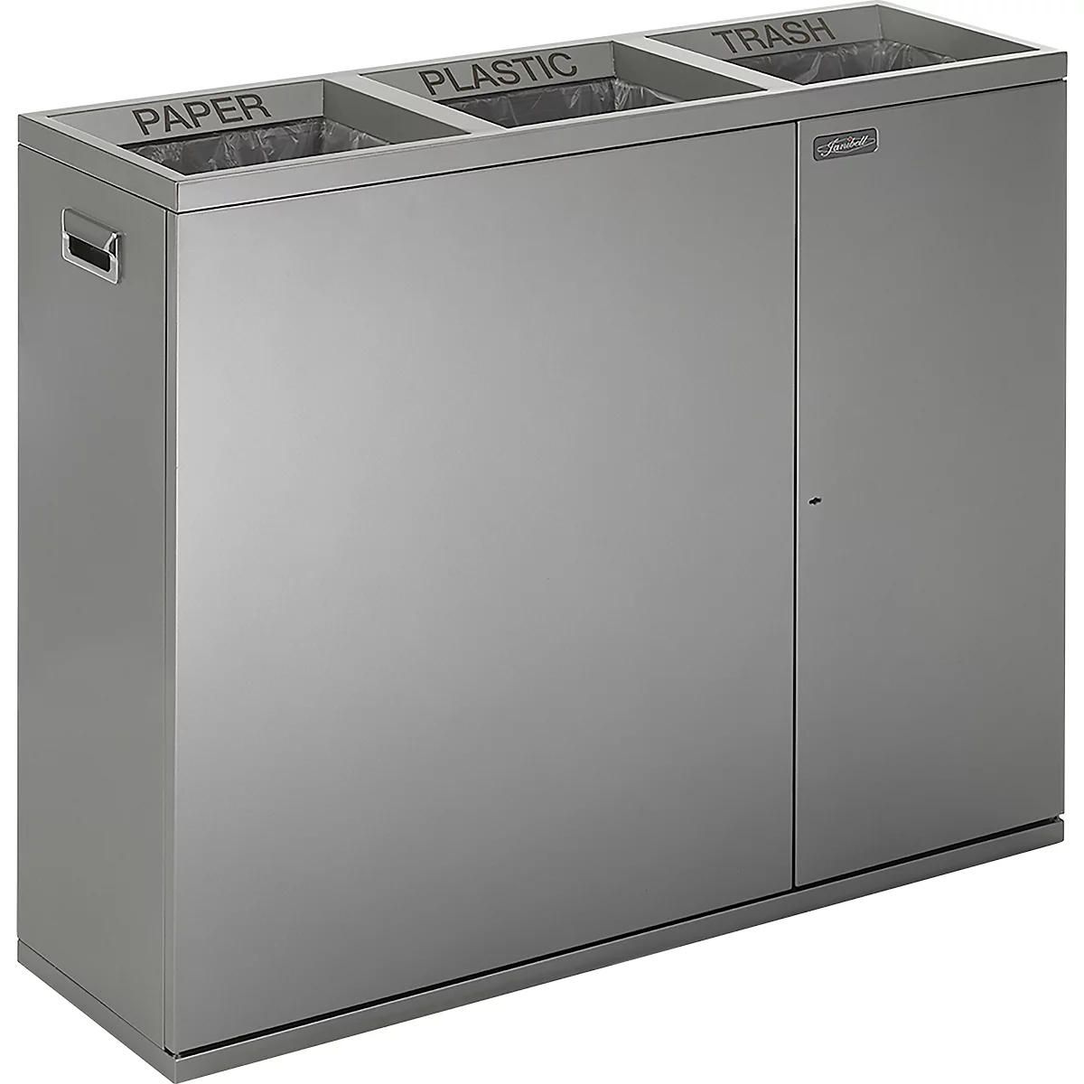 Janibell recyclingbak, 3-delig, inhoud 3 x 75,7 l, rechthoekig, L 322 x B 1068 x H 869 mm, staal, zilver