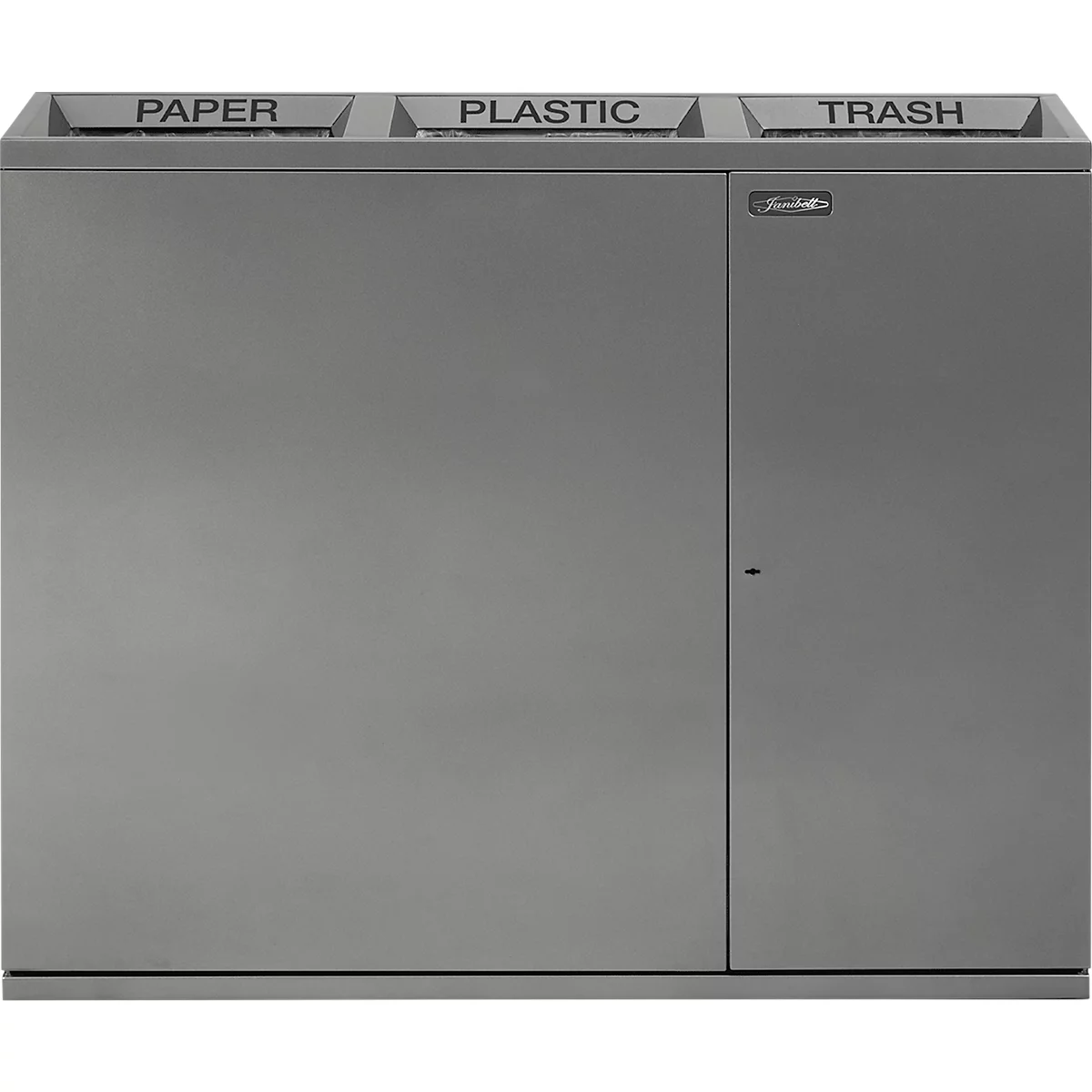 Janibell recyclingbak, 3-delig, inhoud 3 x 75,7 l, rechthoekig, L 322 x B 1068 x H 869 mm, staal, zilver