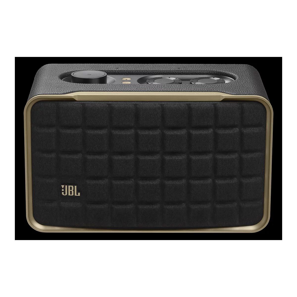 Schwarzer Bluetooth-Lautsprecher mit quadratischem Muster und goldfarbenen Akzenten. Oben befinden sich Drehknöpfe, JBL Logo.