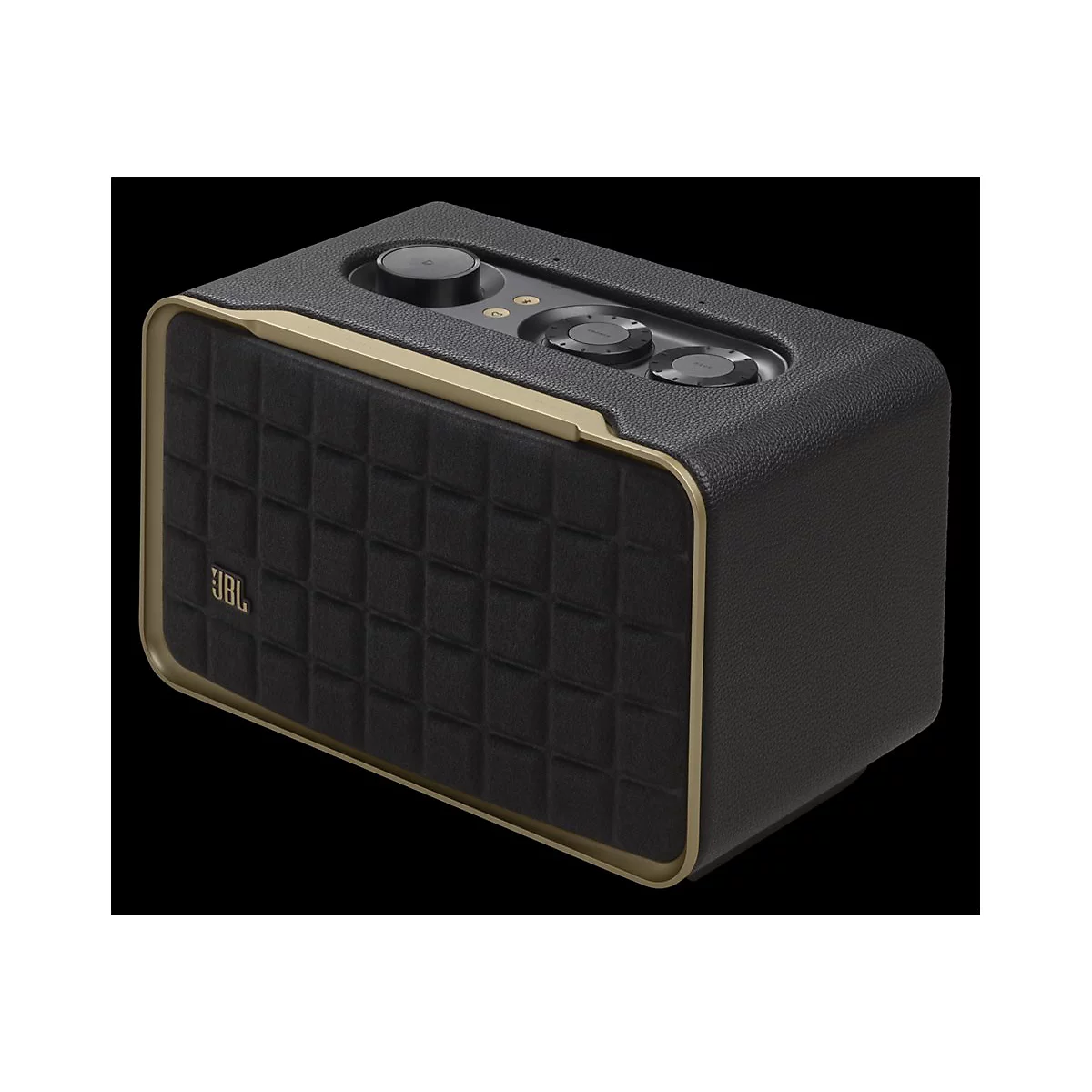 Schwarzer Bluetooth-Lautsprecher mit goldenen Akzenten, JBL-Logo und Bedienelementen auf der Oberseite.