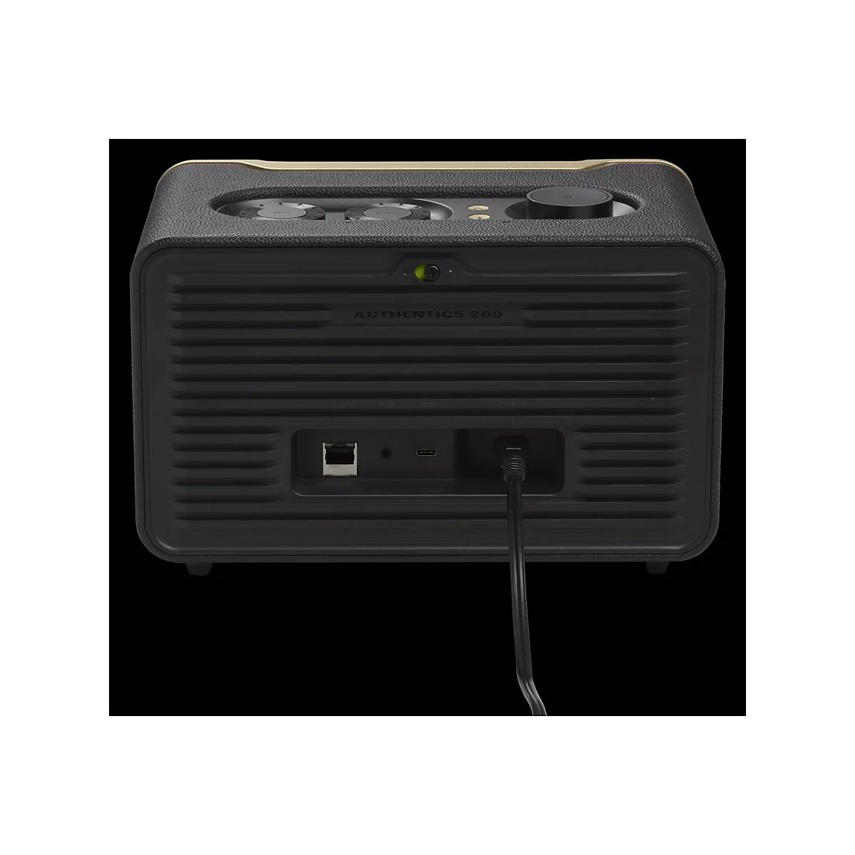 Rückansicht des schwarzen JBL Authentics 200 Lautsprechers mit sichtbaren Anschlüssen und Netzkabel.