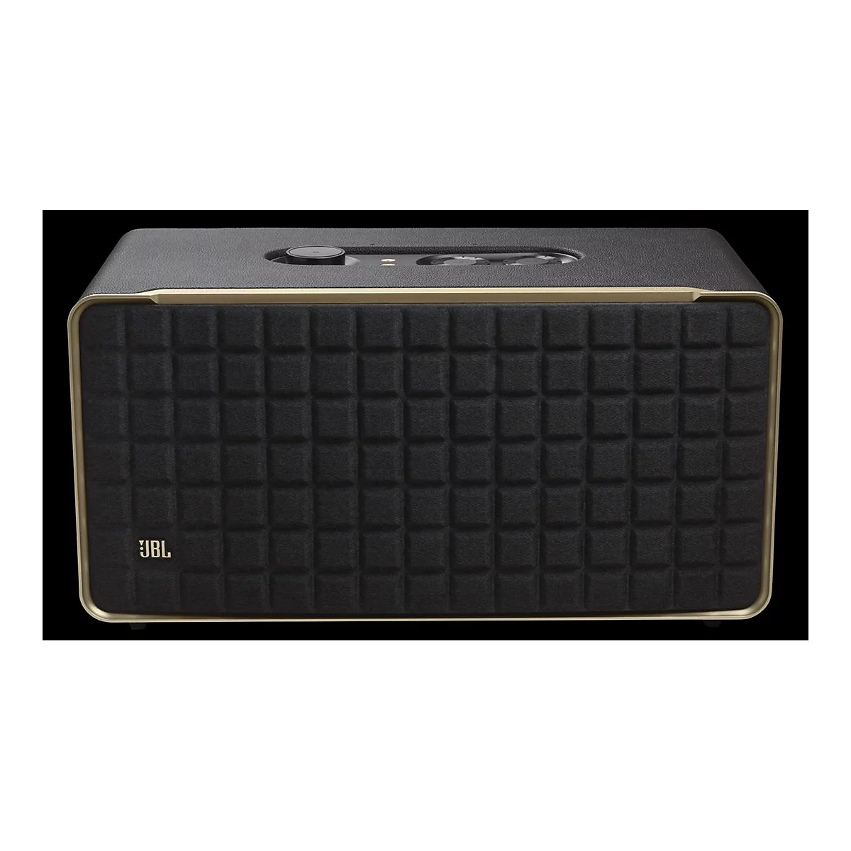 Schwarzer JBL Lautsprecher im Retro-Design mit goldener Umrandung und stoffbezogener Gitterfront.