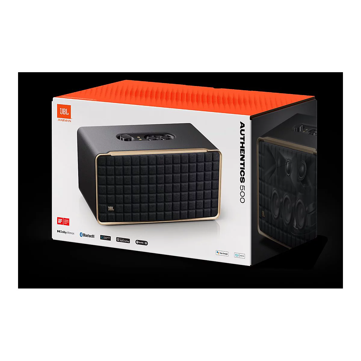 Produktverpackung des JBL Authentics 500 Lautsprechers mit aufgedrucktem Produktdesign und technologischen Logos.