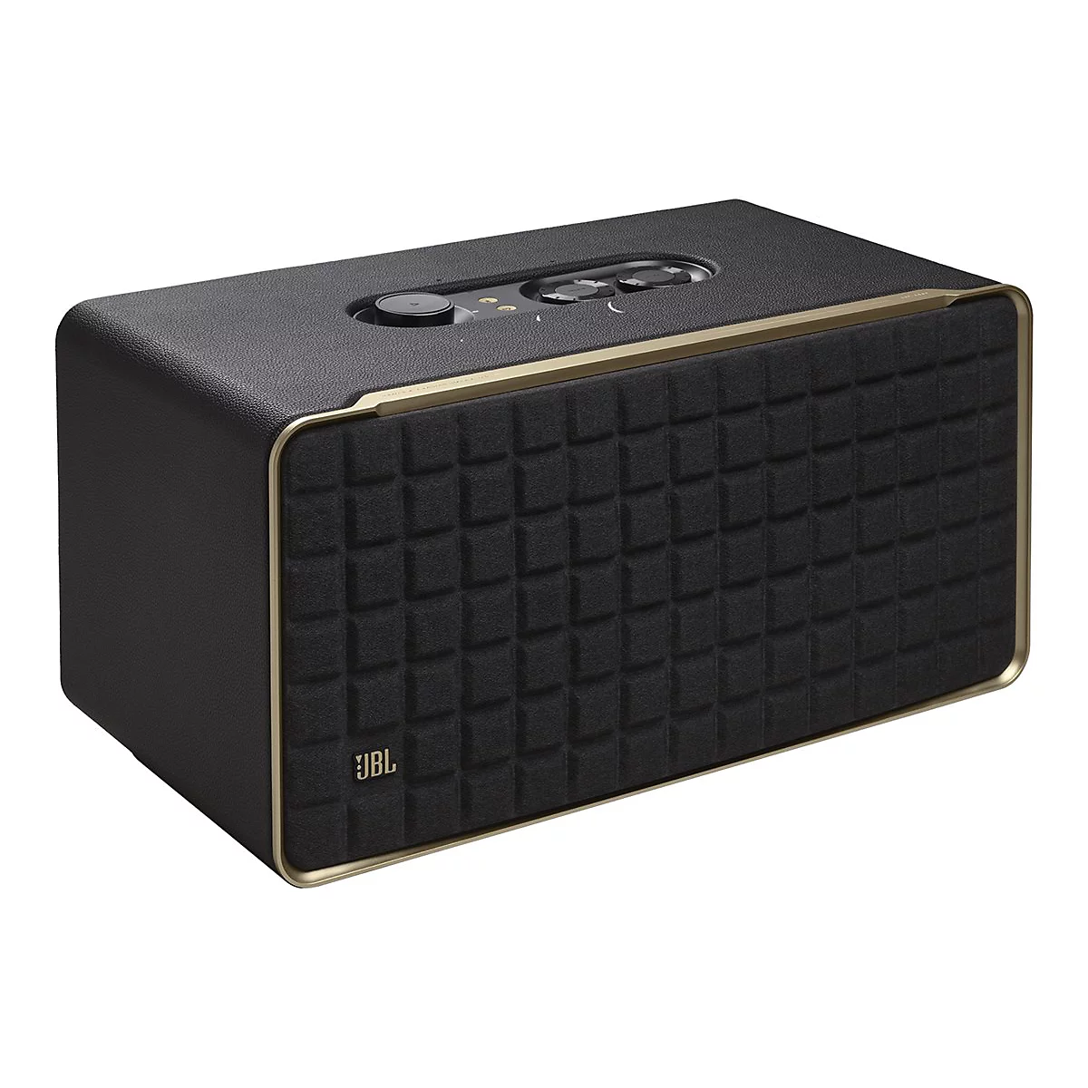 Schwarzer JBL Bluetooth-Lautsprecher in rechteckigem Retro-Design mit goldenem Rahmen vor weißem Hintergrund.