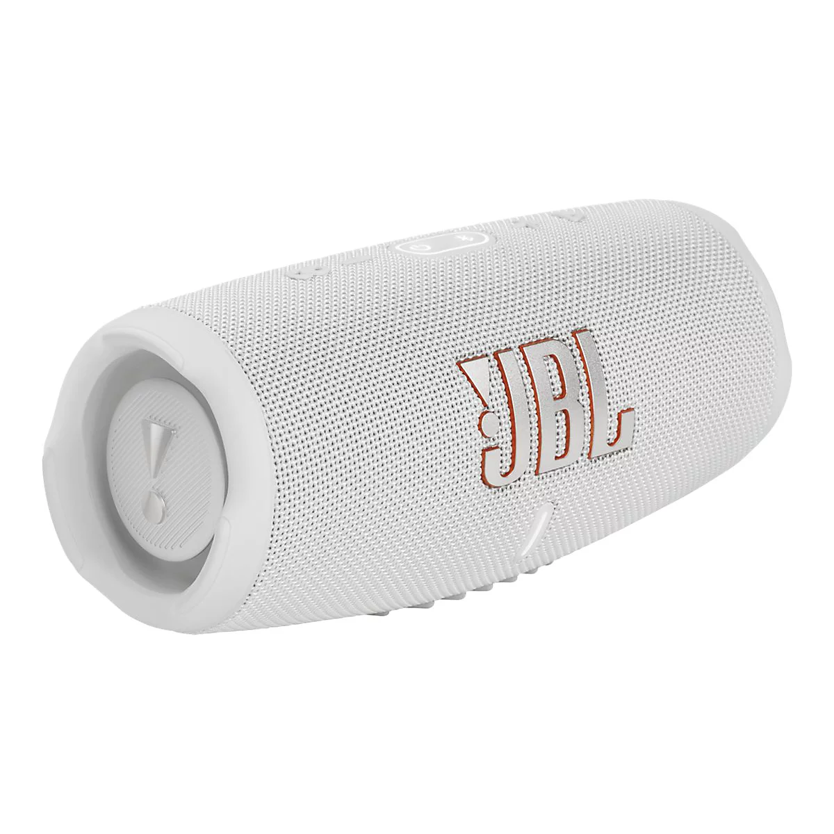 Weißer JBL-Lautsprecher, der auf einer weißen Oberfläche liegt. Das JBL-Logo ist gut sichtbar.
