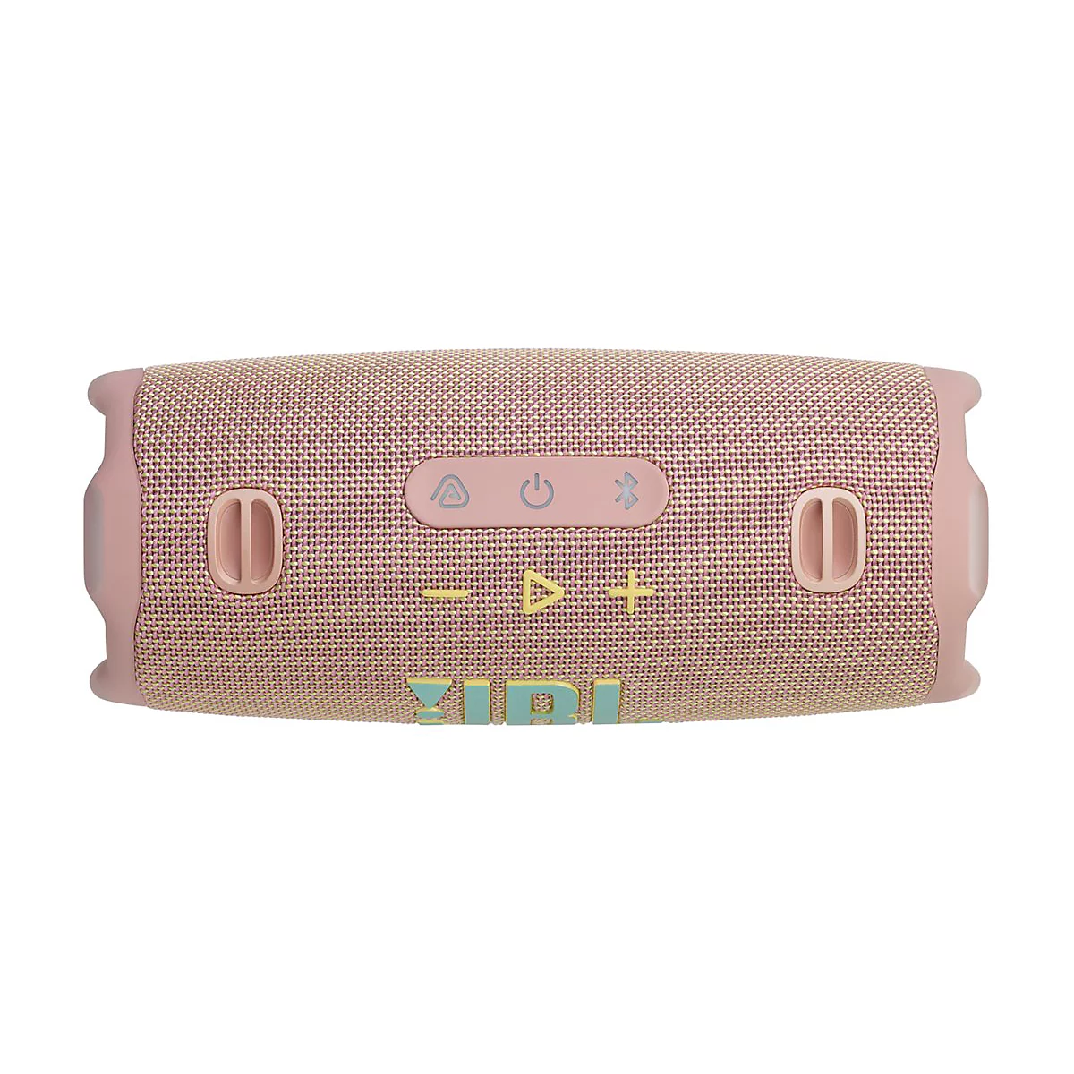 Rosafarbener Bluetooth-Lautsprecher, länglich, mit Bedienknöpfen und JBL-Logo.