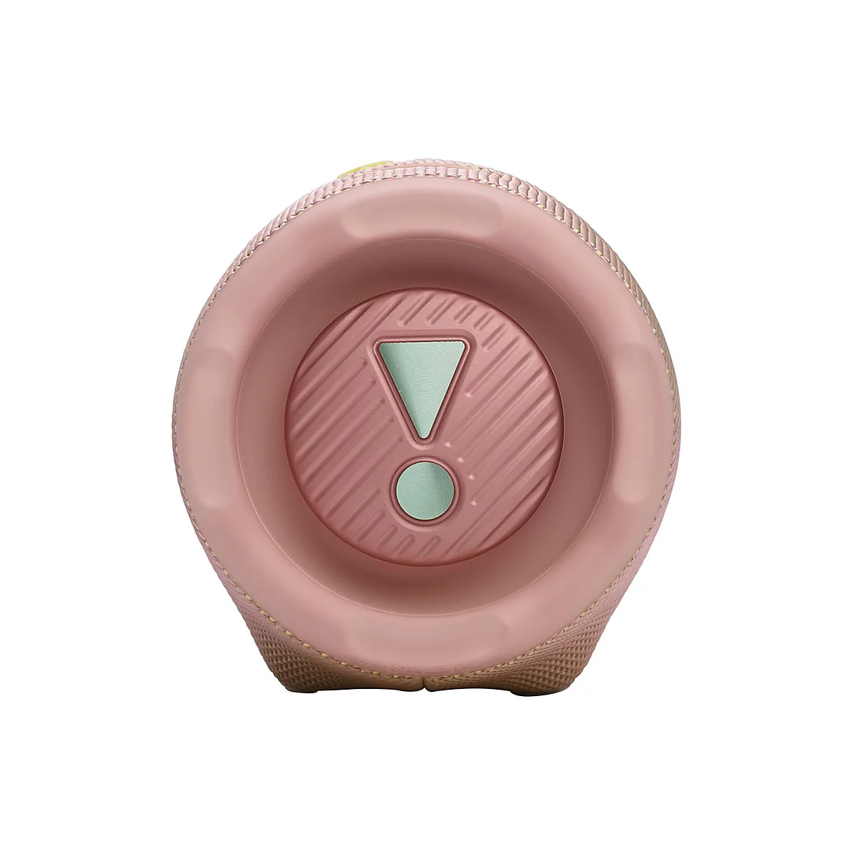 Nahaufnahme eines rosa Lautsprechers mit blaugrünem Detail. Der Lautsprecher ist zylindrisch, mit einer runden, strukturierten Oberfläche.