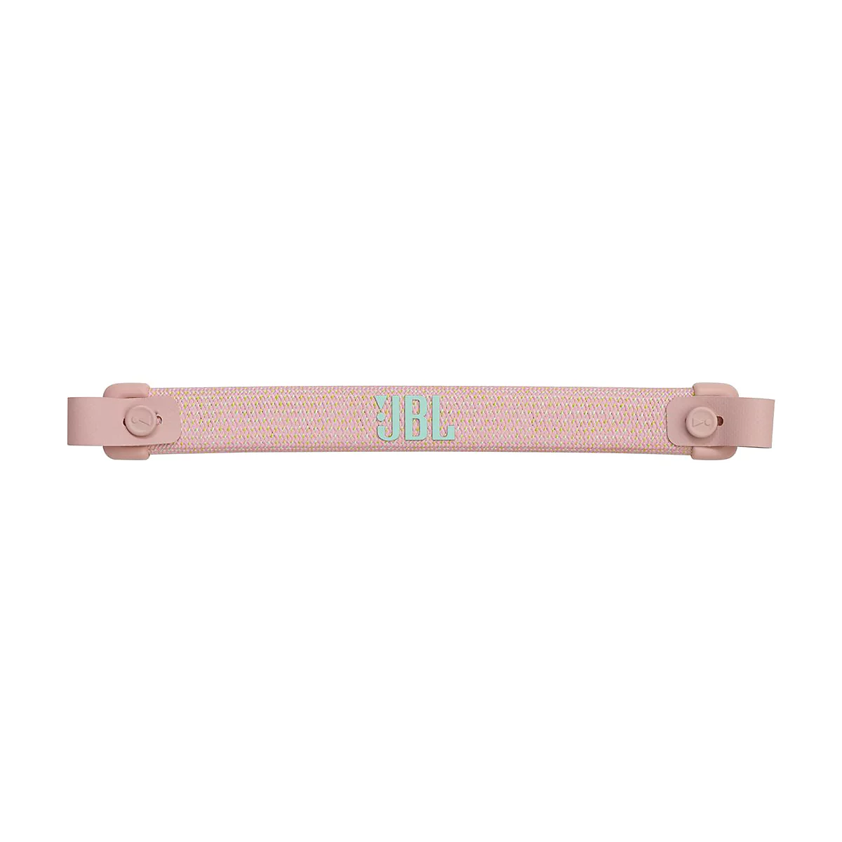 Rosa Kopfhörerband mit JBL-Logo. Band hat gelbe Akzente. An beiden Enden sind Befestigungslaschen.