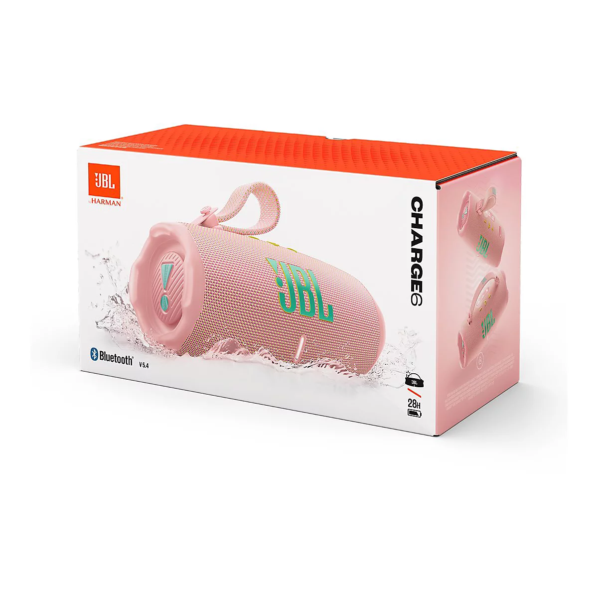 Rosa JBL Charge 6 Bluetooth-Lautsprecher auf einer Schachtel, Text: JBL, Harman, Charge 6.