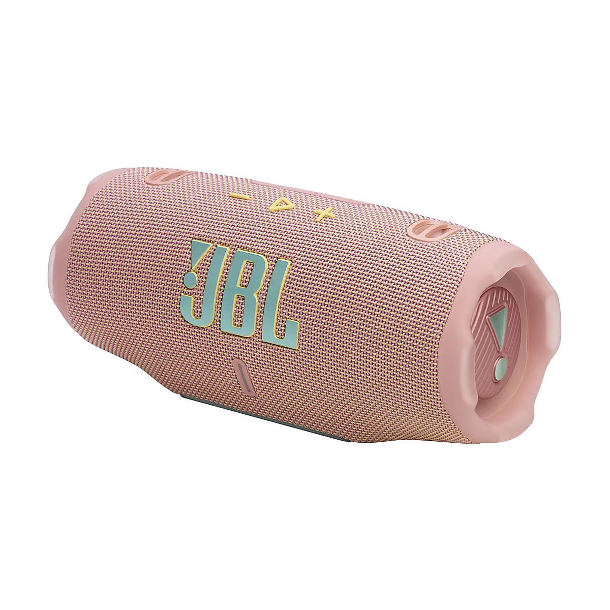 Rosa JBL Lautsprecher. Die Oberfläche ist stoffartig strukturiert, das Logo hellblau. An den Enden und Bedienelementen rosa Akzente.