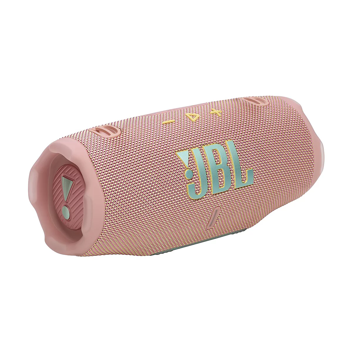 Rosafarbener JBL Bluetooth-Lautsprecher. Die JBL-Logoschrift ist türkis. Oben sind Knöpfe, seitlich eine Taste. Die Oberfläche besteht aus Stoff.
