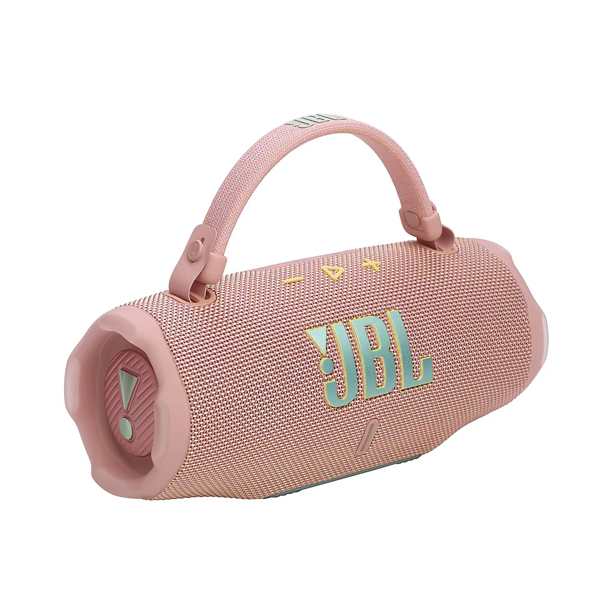 Rosa JBL Bluetooth-Lautsprecher mit Tragegriff, das JBL-Logo ist deutlich zu sehen.