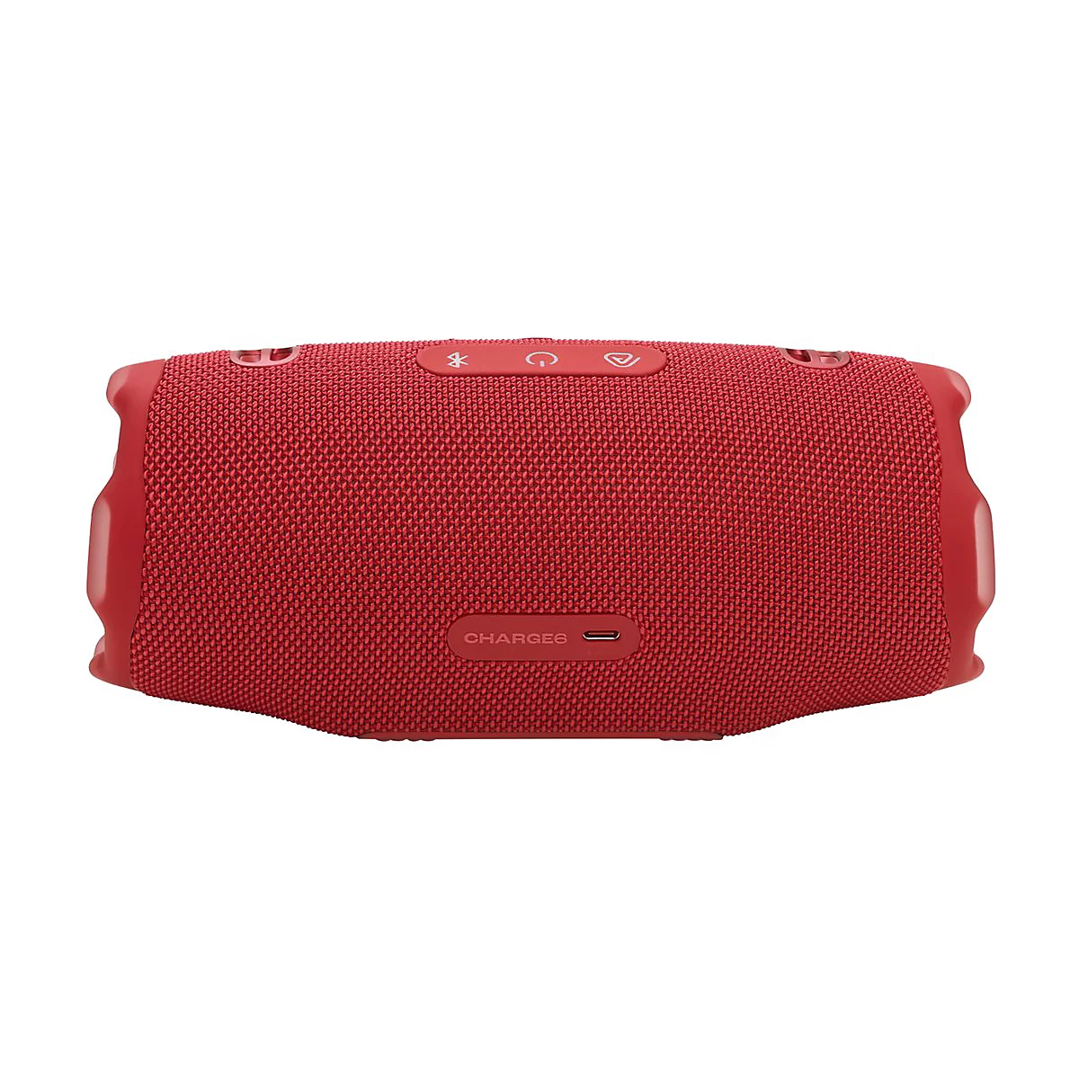 Roter Bluetooth-Lautsprecher, rechteckig, mit Bedienknöpfen und "CHARGE6"-Aufdruck.