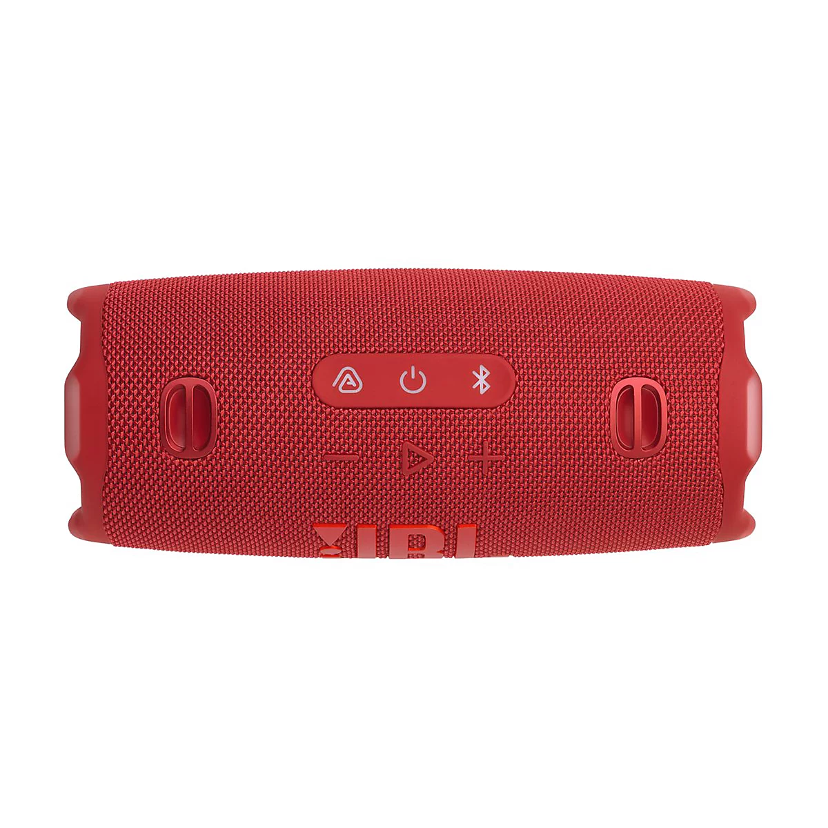 Roter JBL Bluetooth Lautsprecher mit Bedienelementen und Logo. Rundes Design mit Stoffstruktur und seitlichen Knöpfen.