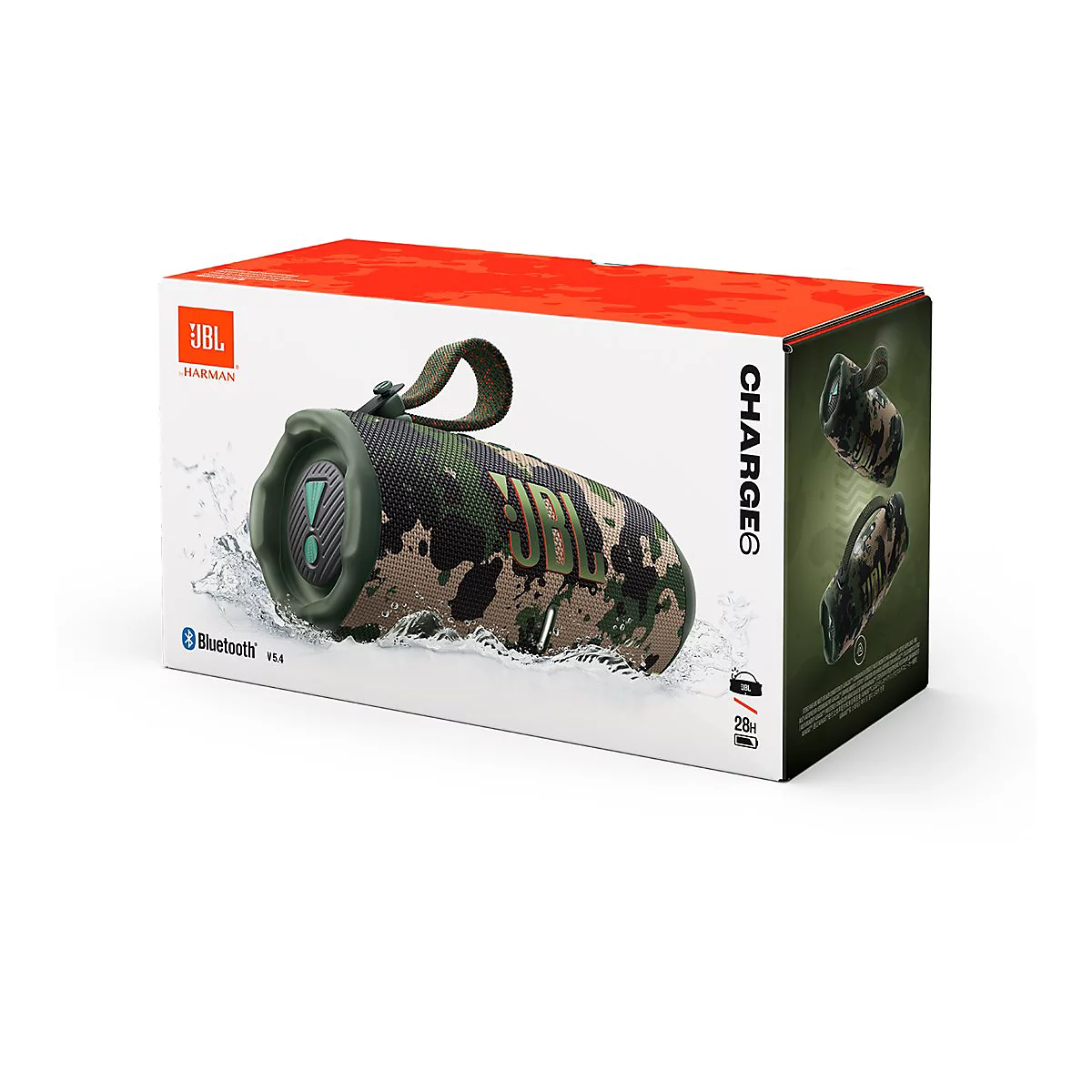 JBL Charge 6 Lautsprecher in Camouflage-Optik in der Verpackung, mit Bluetooth und JBL-Logo.