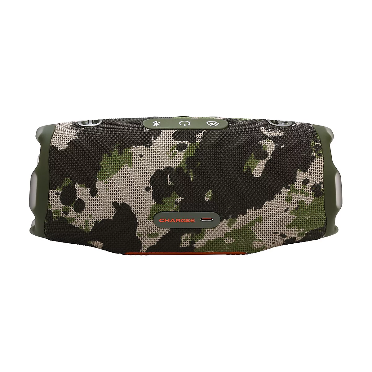 Mobiler Lautsprecher mit Camouflage-Muster, Knöpfen und Ladeanschluss. Aufschrift "CHARGE 6".
