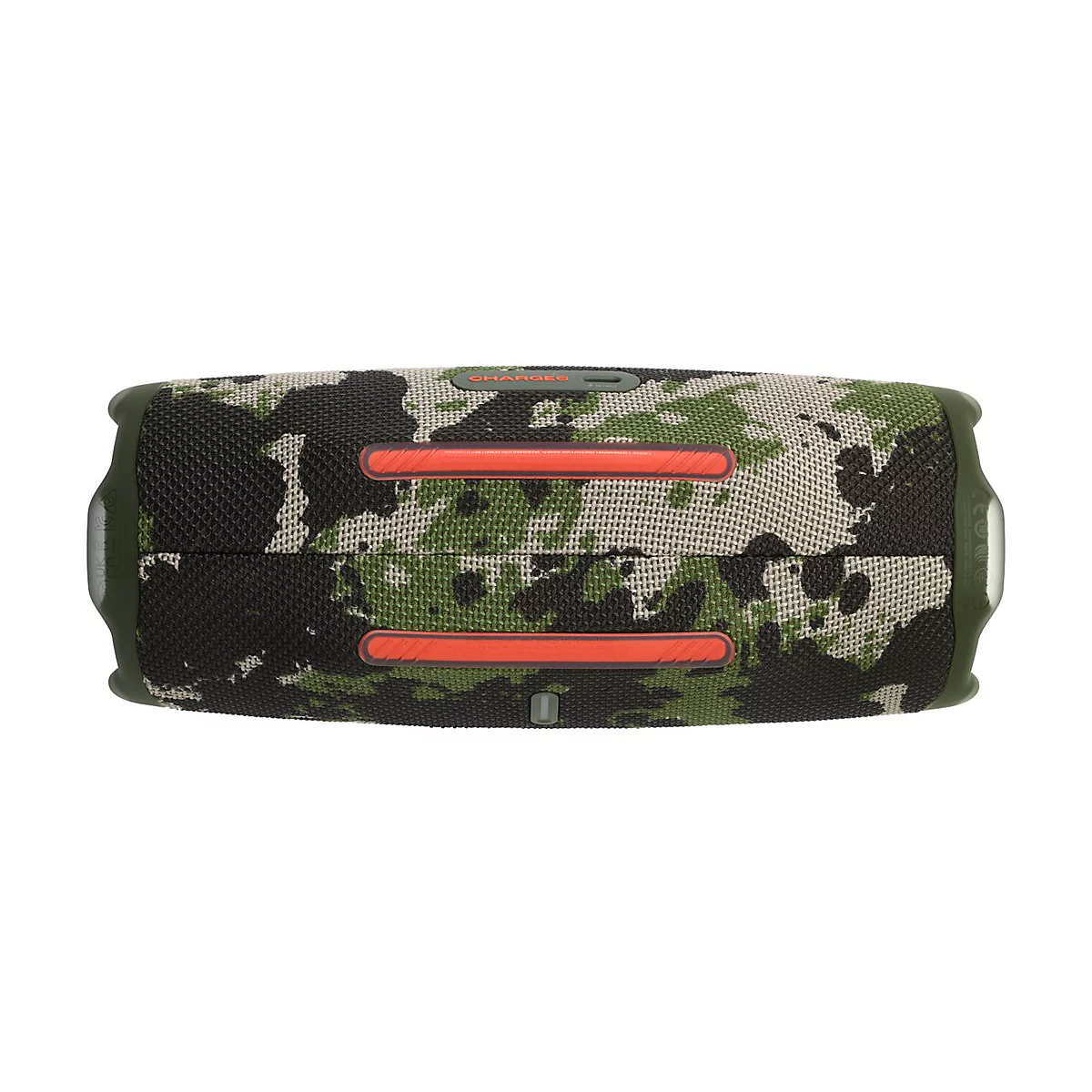 Draufsicht auf einen Lautsprecher mit Camouflage-Muster, orangefarbenen Akzenten und der Aufschrift "CHARGE".