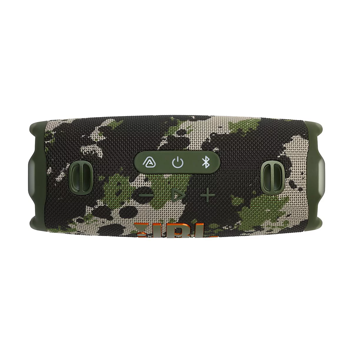 Ein JBL-Lautsprecher mit Camouflage-Muster, Bedienelementen und Markenlogo.