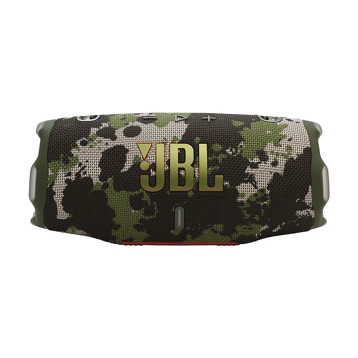 Draufsicht auf einen JBL-Lautsprecher in Tarnmuster mit JBL-Logo.