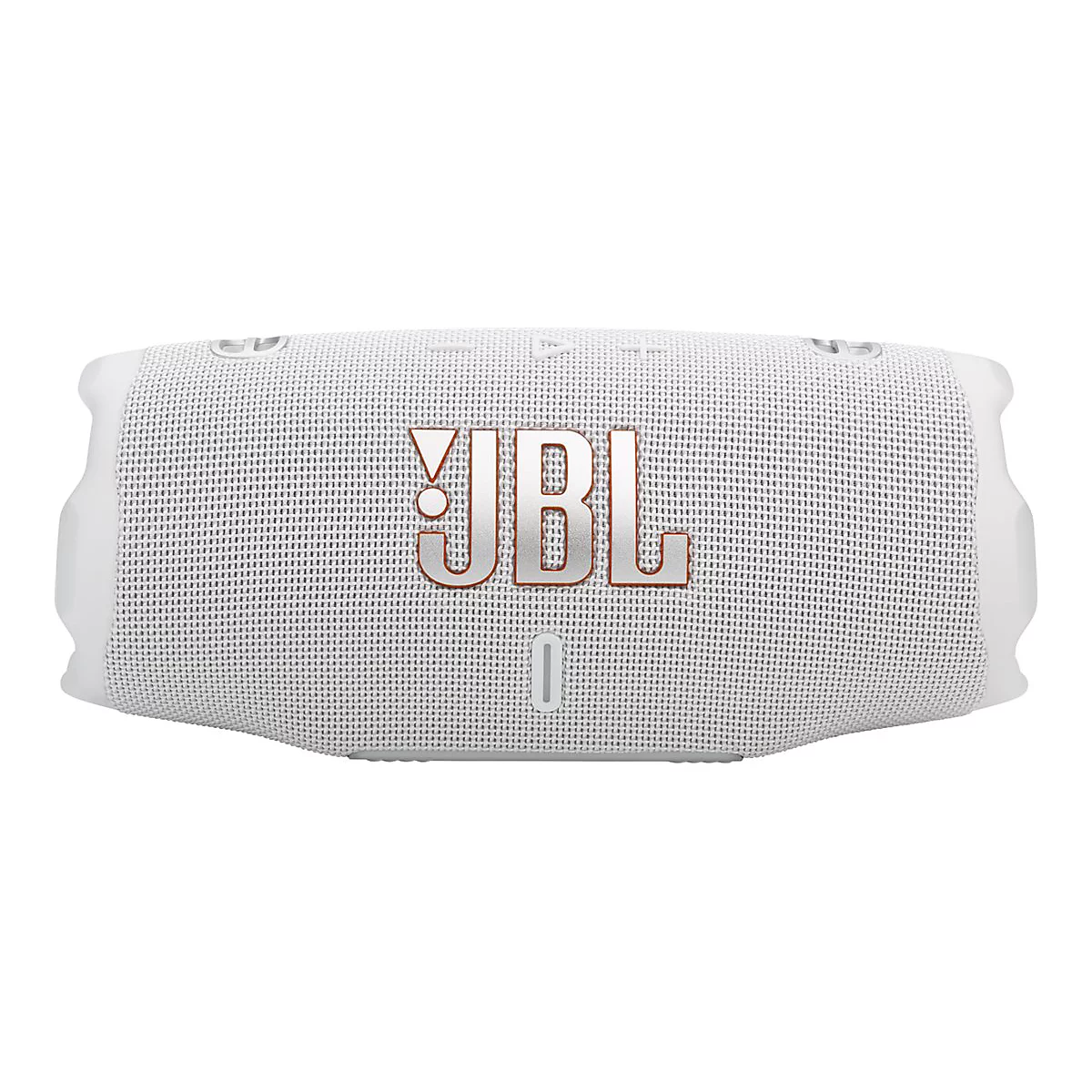 Weißer JBL-Lautsprecher, Vorderansicht, mit JBL-Logo.