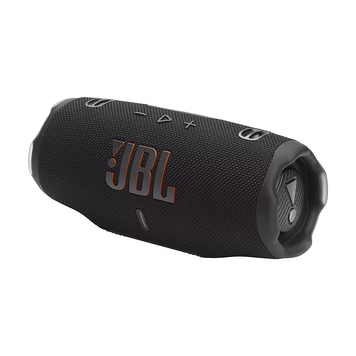 Schwarzer, zylinderförmiger JBL Bluetooth-Lautsprecher vor weißem Hintergrund.