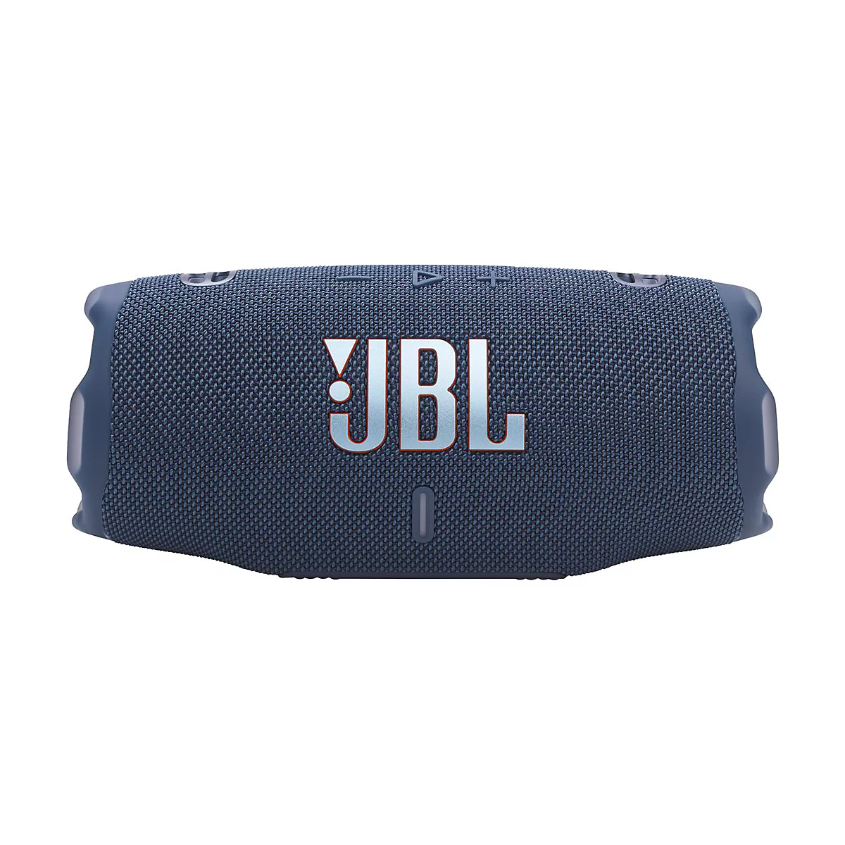 Blauer, zylinderförmiger JBL Bluetooth-Lautsprecher in Frontansicht vor weißem Hintergrund.