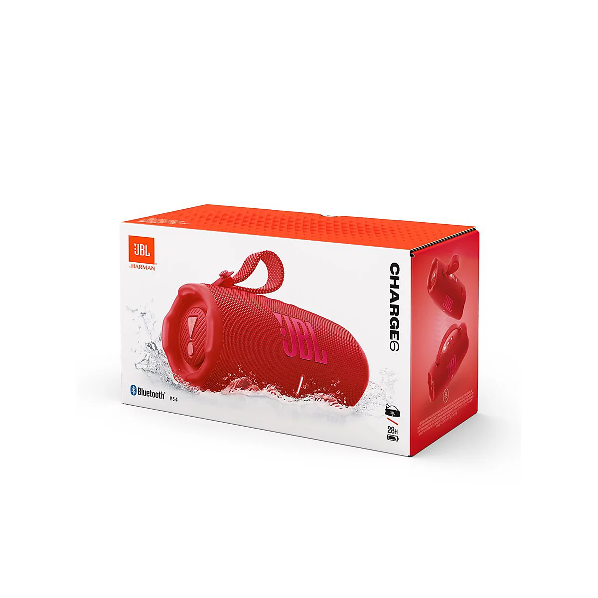 Rote JBL Charge 6 Bluetooth-Lautsprecher-Verpackung mit spritzendem Wasser-Motiv auf weißem Hintergrund.