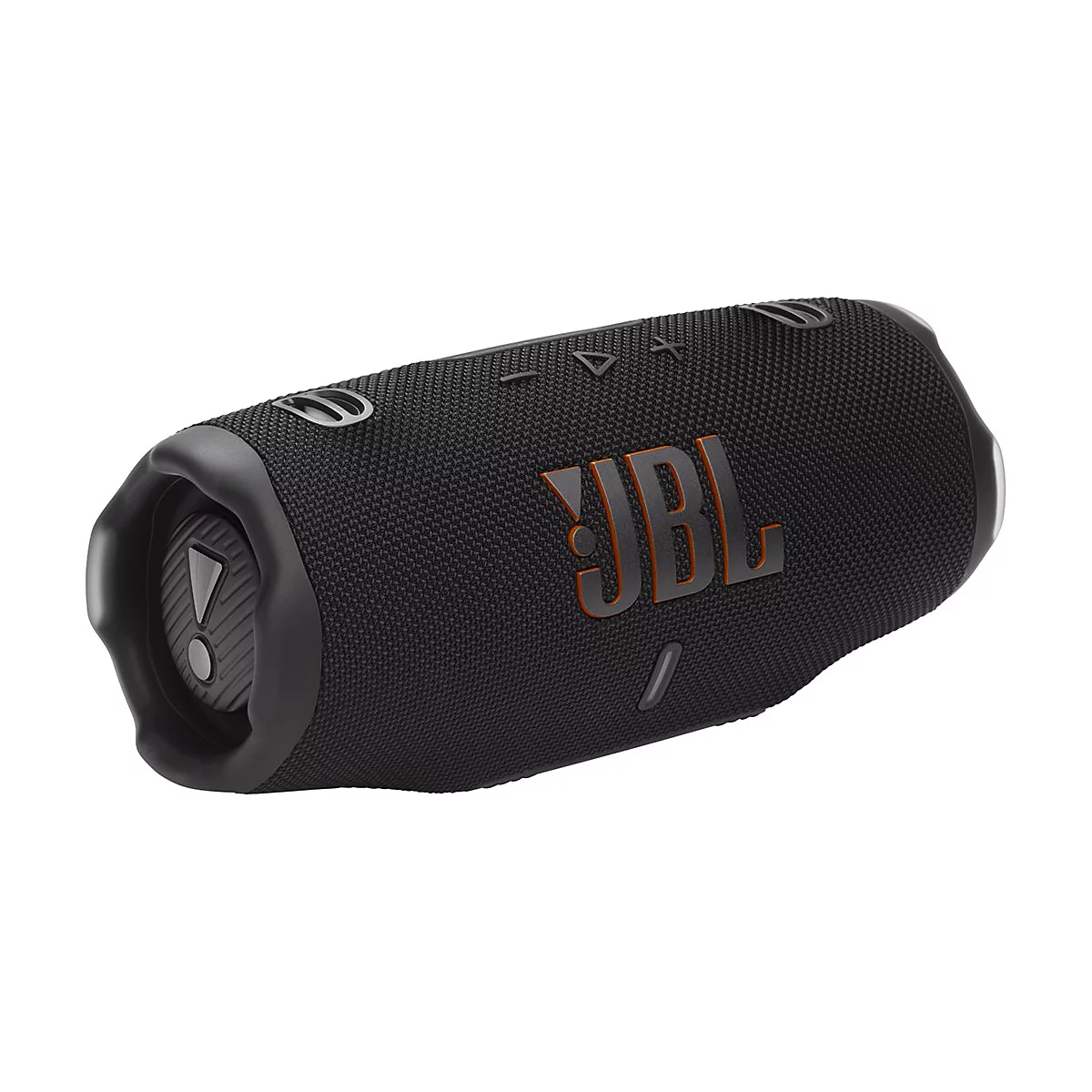 Schwarzer, zylinderförmiger JBL Bluetooth-Lautsprecher vor weißem Hintergrund mit markantem orange-schwarzem Logo.