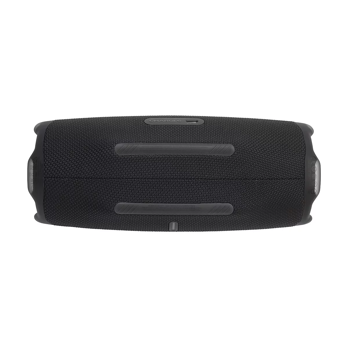 Draufsicht auf den schwarzen, zylindrischen JBL Charge 5 Bluetooth-Lautsprecher vor weißem Hintergrund.