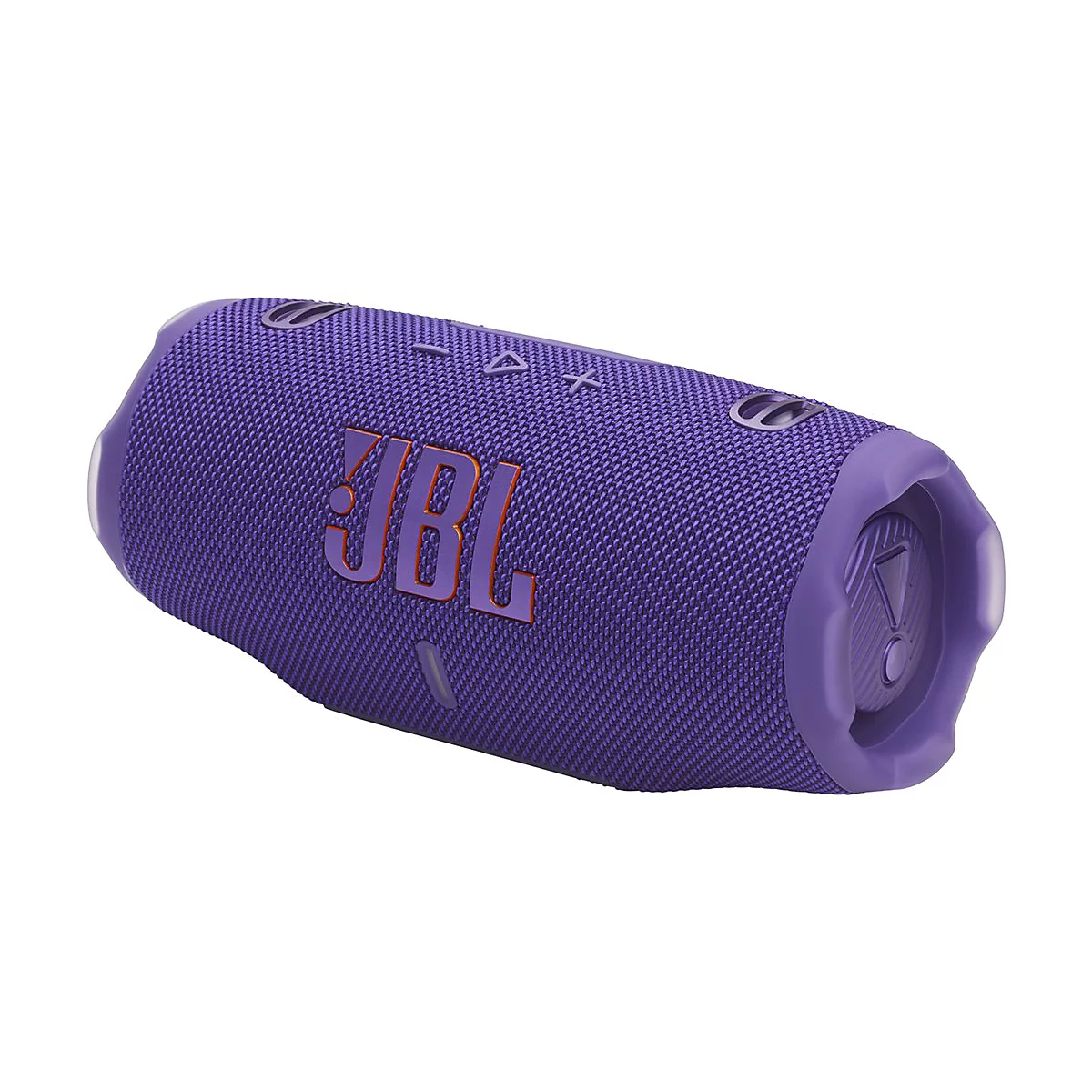 Lila JBL Bluetooth-Lautsprecher vor weißem Hintergrund mit orangefarbenem JBL-Logo.