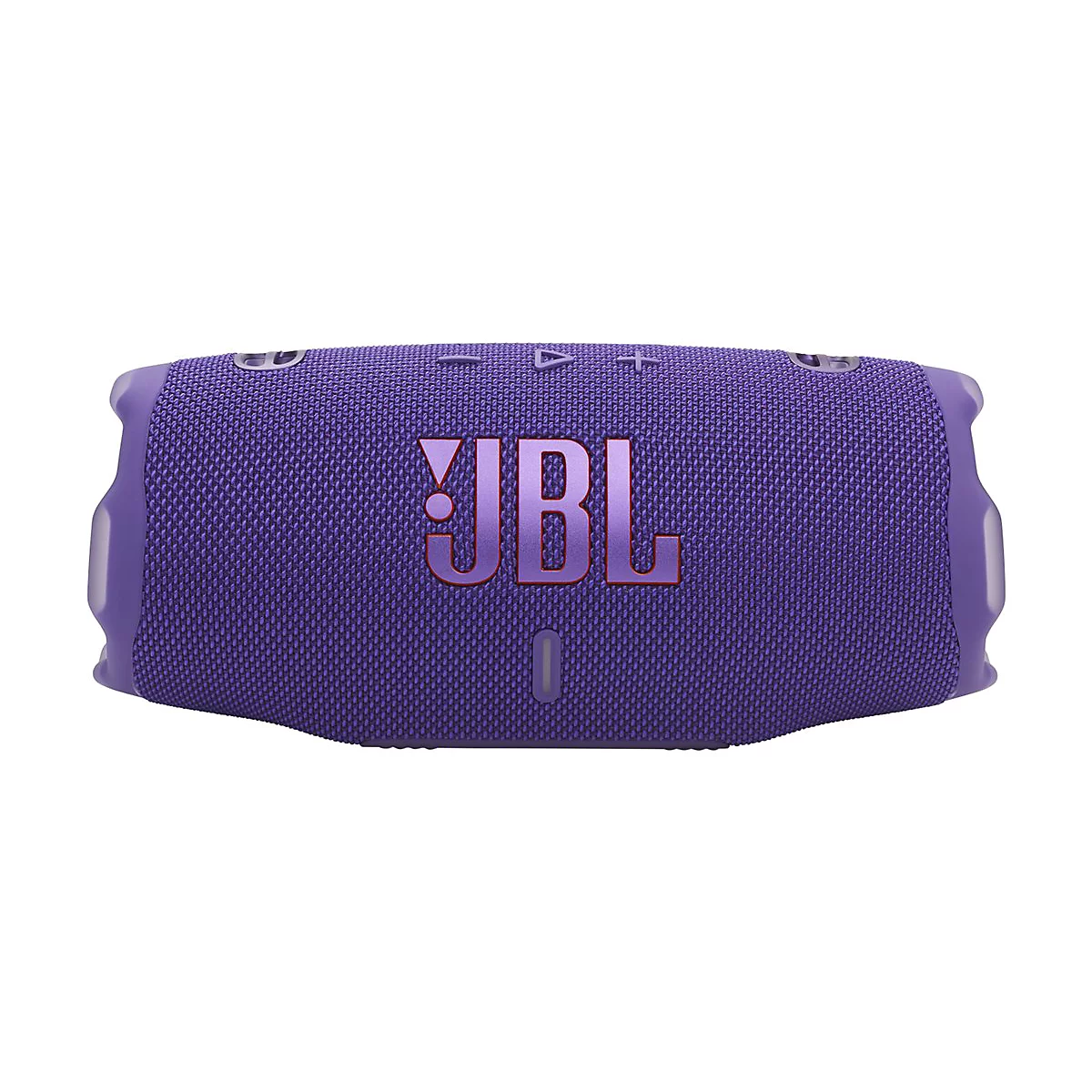 Lila JBL Charge Bluetooth-Lautsprecher vor weißem Hintergrund mit mittigem Firmenlogo.