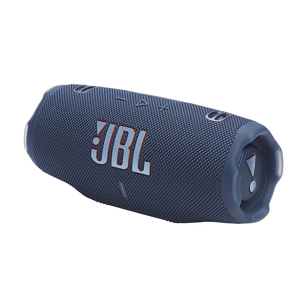 Blauer, zylinderförmiger JBL Bluetooth-Lautsprecher vor weißem Hintergrund mit markantem orange-weißem Logo.