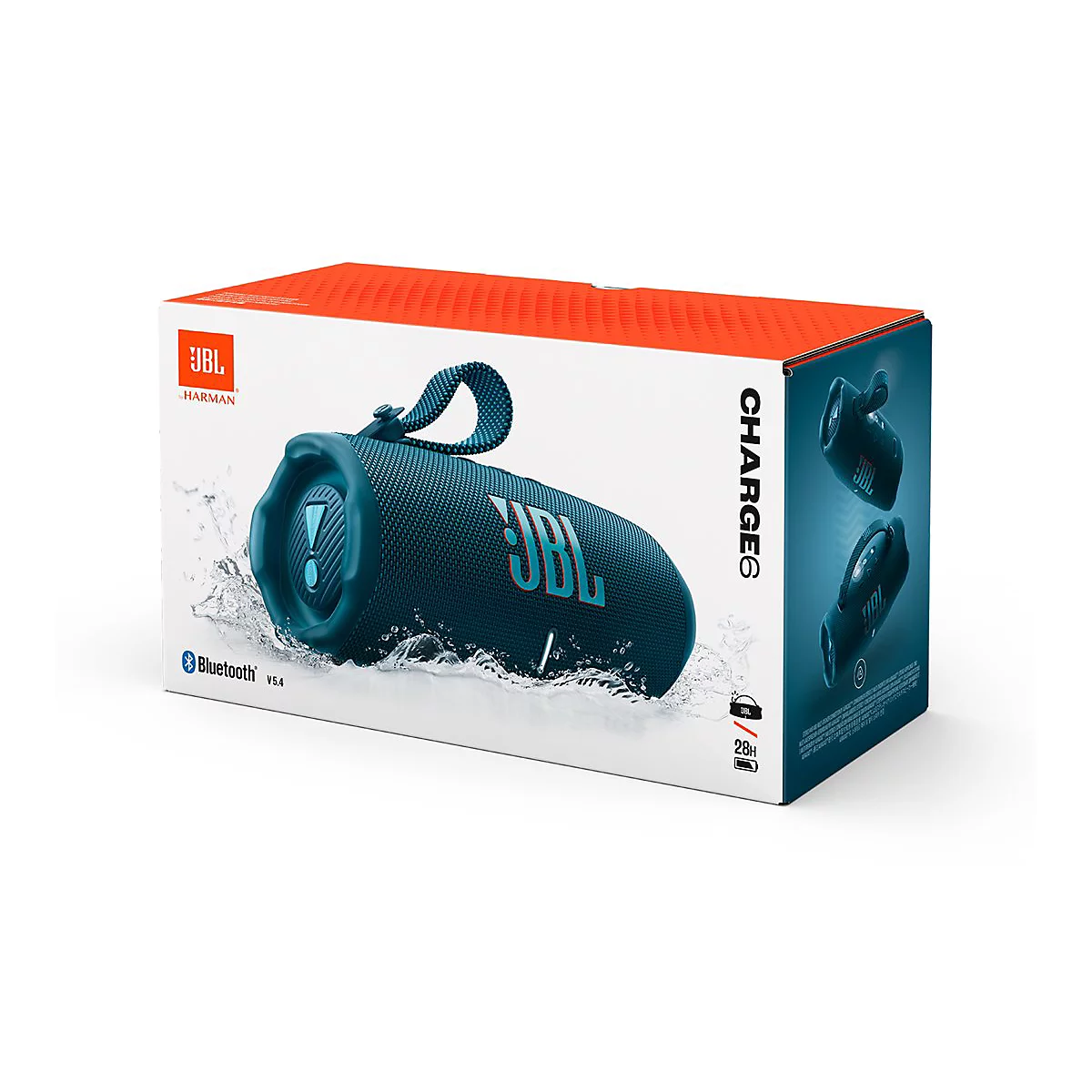 Produktverpackung des blauen JBL Charge 6 Bluetooth-Lautsprechers mit Wasserspritzern.