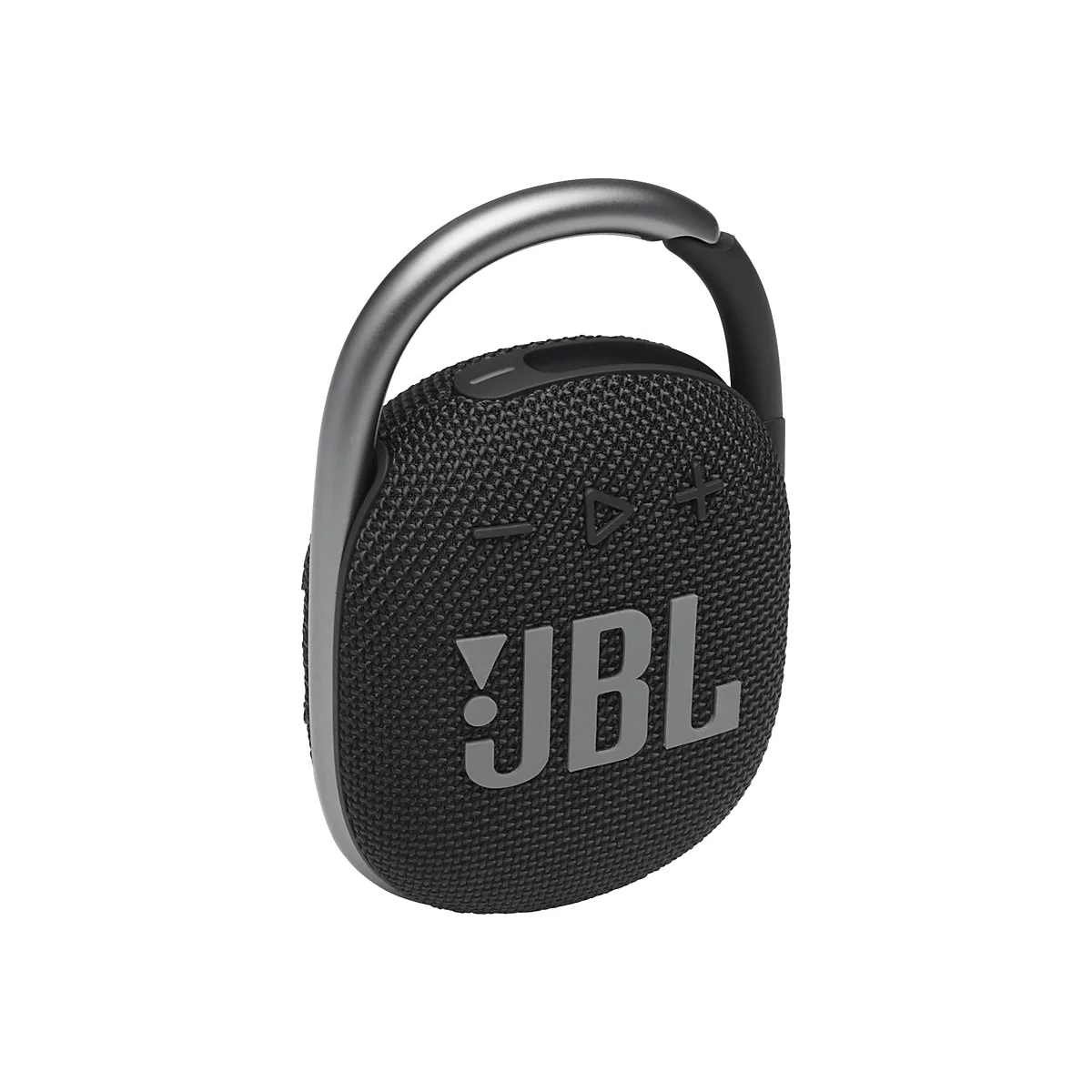 Schwarzer, runder JBL Lautsprecher mit Karabinerhaken vor weißem Hintergrund.