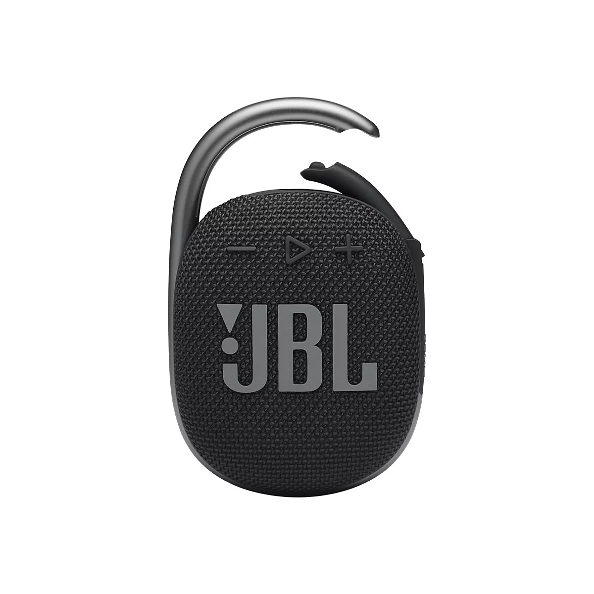 Schwarzer, runder JBL Clip-Lautsprecher mit integriertem Karabinerhaken vor weißem Hintergrund.