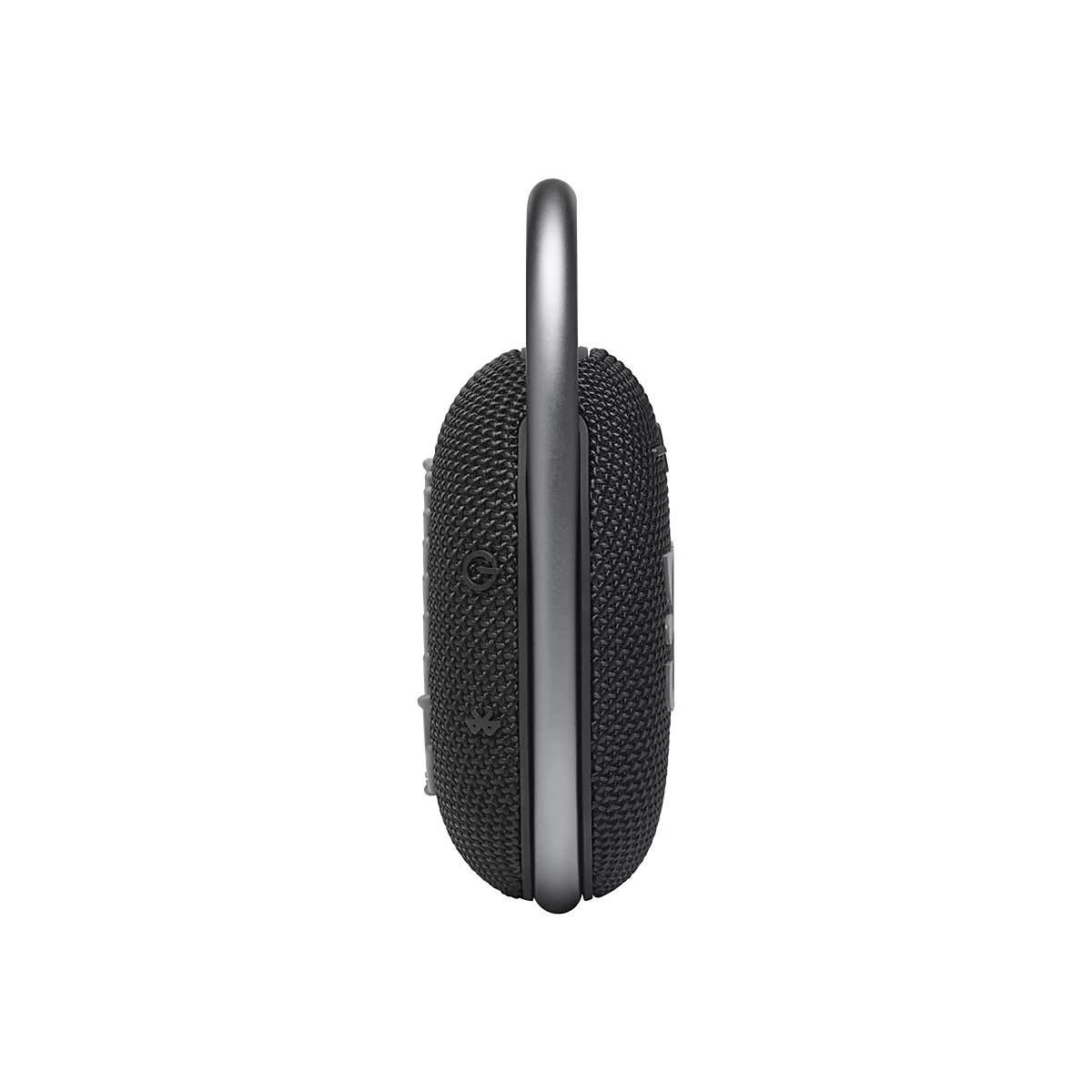 Seitenansicht eines schwarzen Bluetooth-Lautsprechers mit integriertem Metallkarabiner und Bedienknöpfen.