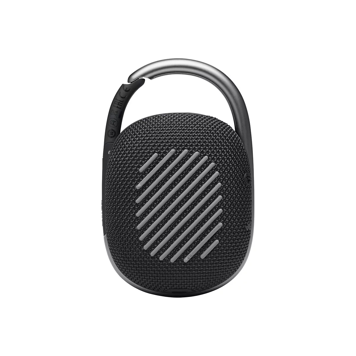 Schwarzer, runder Bluetooth-Lautsprecher mit integriertem silbernem Karabinerhaken vor weißem Hintergrund.