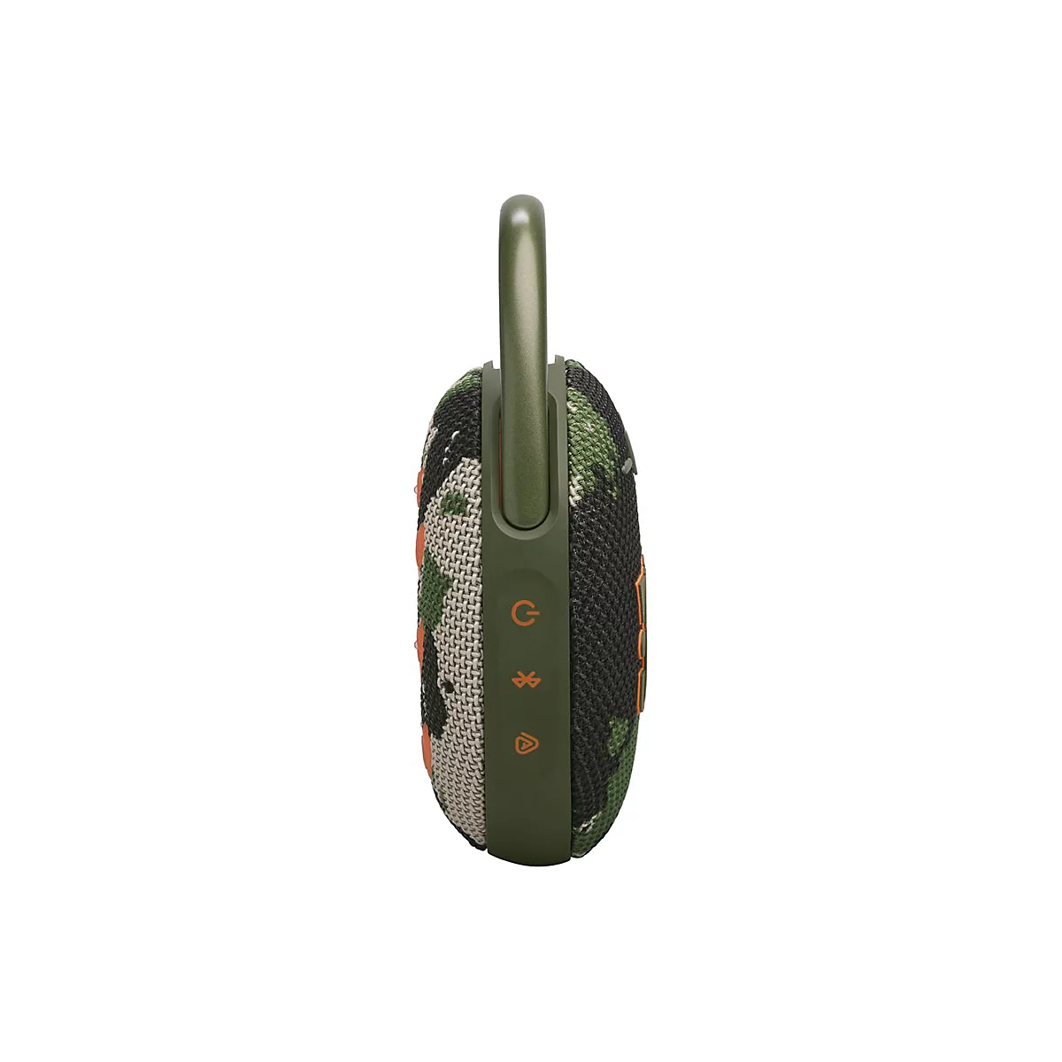 Grüner Bluetooth-Lautsprecher mit Tarnmuster, Trageschlaufe, orangefarbenen Bedienelementen.