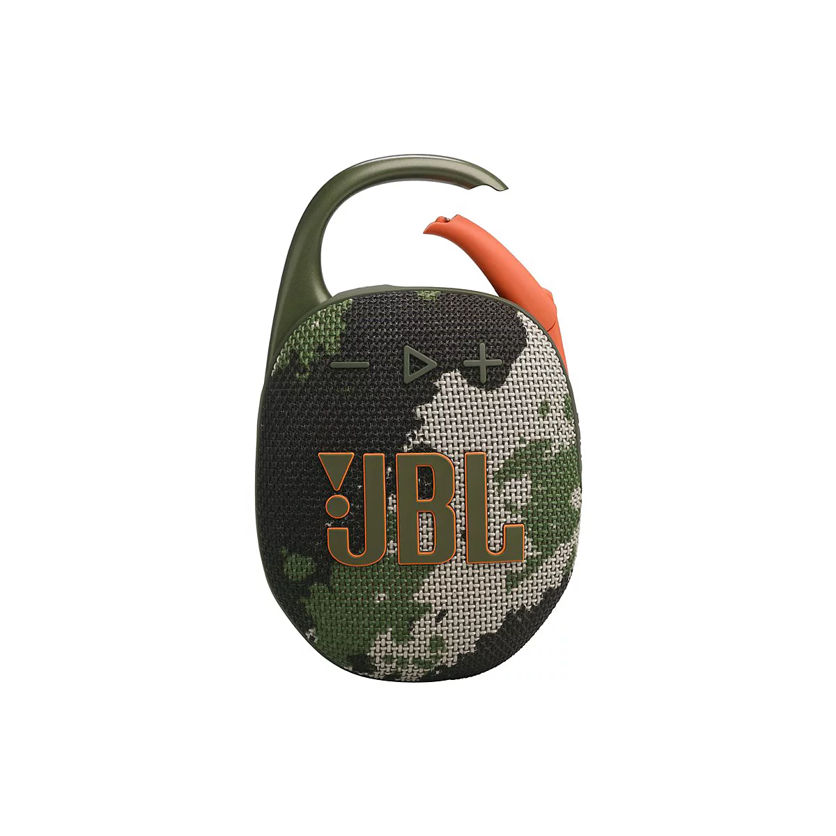 Ovaler, tarnfarbener JBL Clip Lautsprecher mit orangefarbenem Clip.