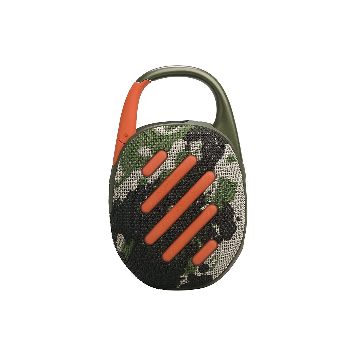 Ovaler Lautsprecher mit Camouflage-Muster, orangenem Clip und Griff.
