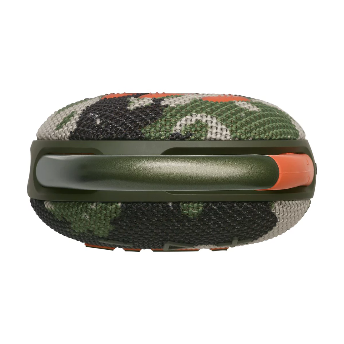Draufsicht auf einen tragbaren Lautsprecher mit Camouflage-Muster. Grüner Griff und orangefarbene Akzente.