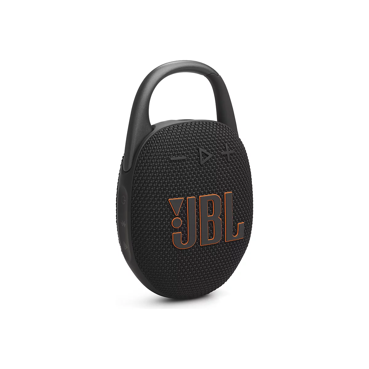 Schwarzer, runder JBL Clip 4 Bluetooth-Lautsprecher mit integriertem Karabiner und orangefarbenem JBL-Logo.