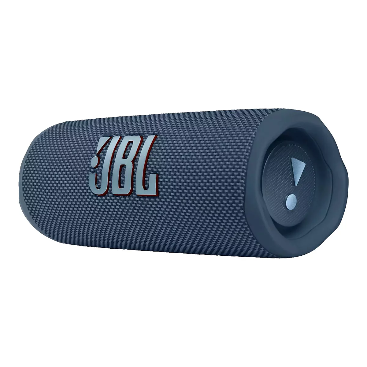 Blau-grauer JBL-Bluetooth-Lautsprecher, Textiloberfläche, JBL-Logo. Ende mit Bedienknopf und Ausrufezeichen.