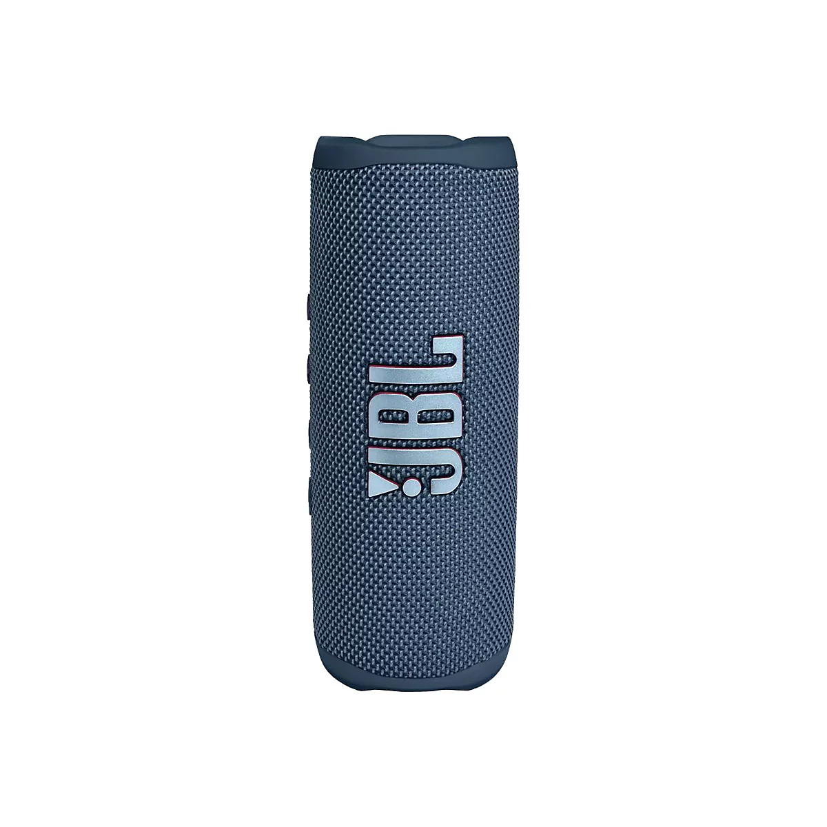 Blauer, zylinderförmiger JBL Bluetooth-Lautsprecher mit großem, silbernem Logo auf der Textiloberfläche.
