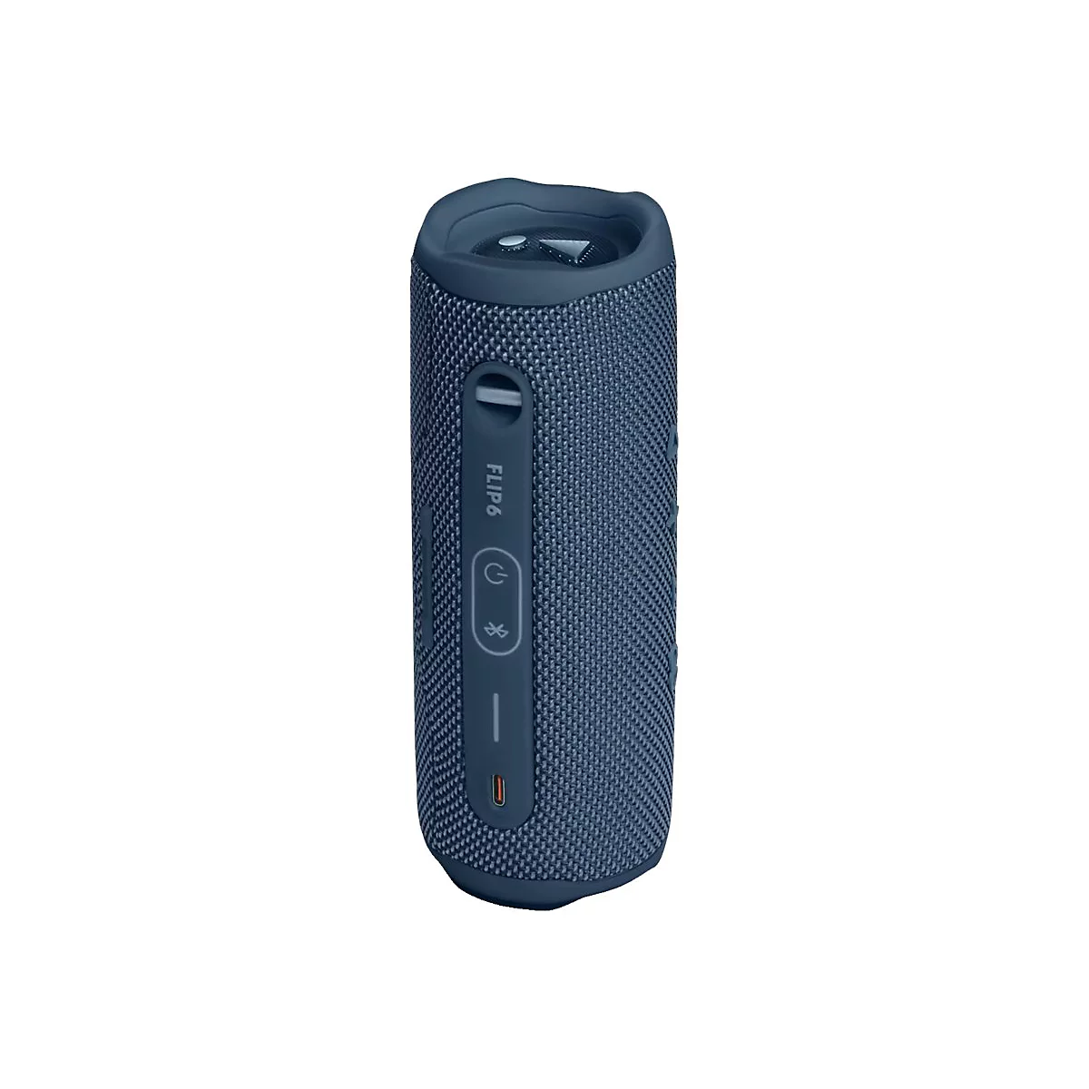 Blauer, zylindrischer Bluetooth-Lautsprecher JBL Flip 6 mit Bedienleiste und sichtbarem USB-C-Anschluss.