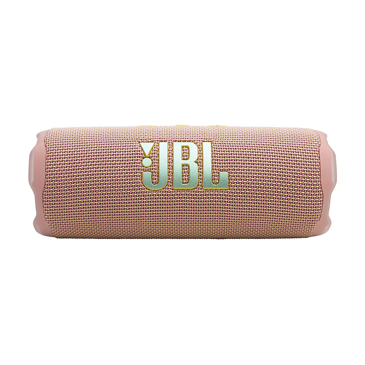 Hellrosa JBL-Lautsprecher mit türkisgrünem Logo, weißer Hintergrund.