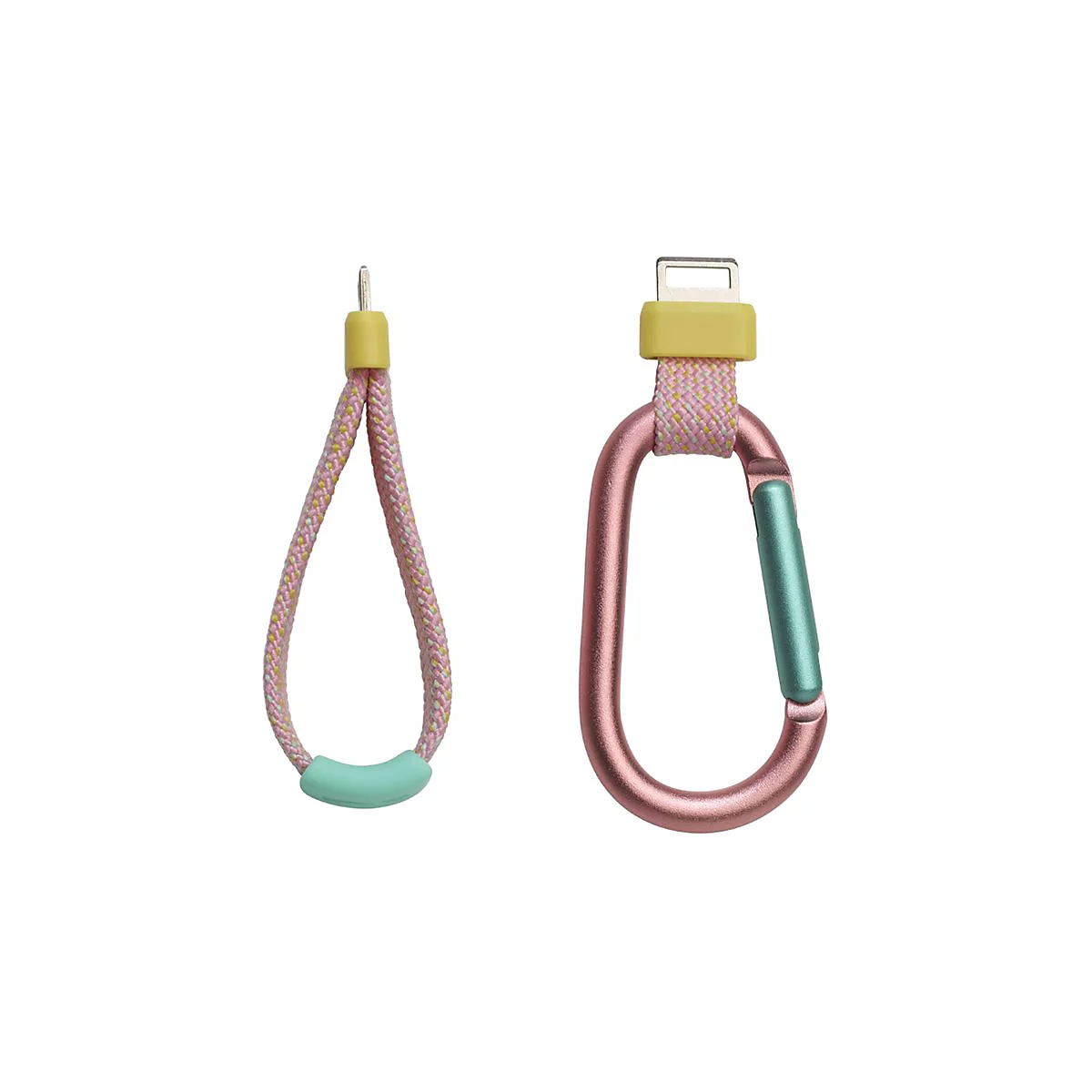 Zwei Ladekabel mit Karabiner und Schlaufe. Rosa-gelbes Kabel, türkisfarbene Elemente.