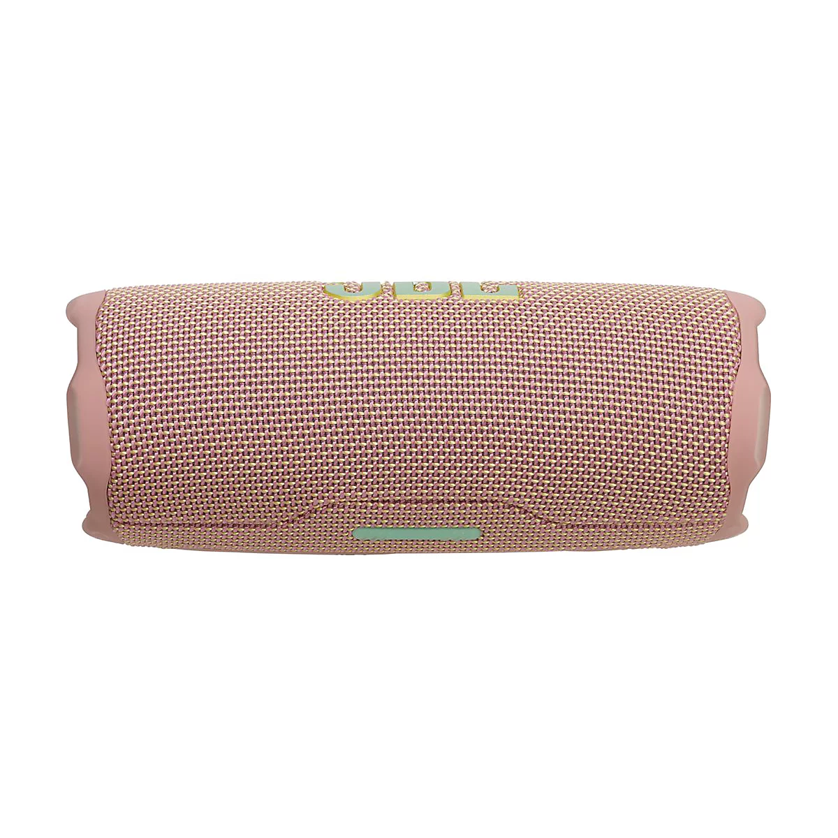 Hellrosa JBL-Lautsprecher mit Mesh-Gewebe. Oben grünliche Aufschrift, unten ebenfalls. Auf weißem Grund.